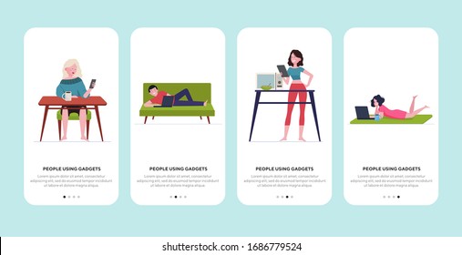 Gente usando gadgets en casa. Portátil, smartphone, usuarios de tableta disfrutando de la ilustración vectorial plana de ocio. Tecnología inalámbrica, concepto de Internet para banner, diseño de sitio web o página web de inicio