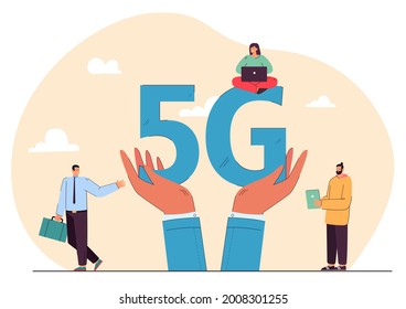 People using gadgets and huge hands holding 5G. Persons with wireless network flat vector illustration. Technology, internet, communication concept for banner, website design or landing web page