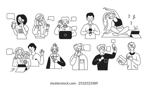 People using gadgets linear vector icons set. Adult users of modern devices for work and life characters illustration collections on white
