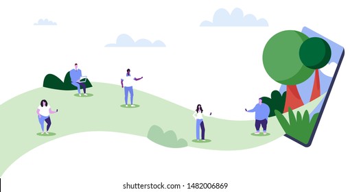 people using gadgets mix race men women walking outdoor having fun digital technology addiction concept smartphone screen mobile app sketch full length horizontal