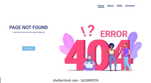 people using gadgets online app 404 page not found concept internet connection problem message website under construction horizontal copy space full length vector illustration