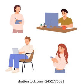 Personas con gadgets establecidos. Hombres de negocios, mujeres trabajan en línea, navegar por Internet con computadora de escritorio, computadora portátil, teléfono móvil, tableta PC. Ilustraciones vectoriales gráficas planas aisladas sobre fondo blanco