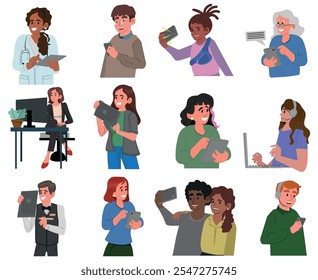 People using gadgets set. Business men, women work online, surfing internet with desktop computer, laptop, mobile phone, tablet PC. Flat graphic vector illustrations isolated on white background.