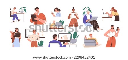 People using gadgets set. Business men, women work online, surfing internet with desktop computer, laptop, mobile phone, tablet PC. Flat graphic vector illustrations isolated on white background