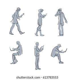 People using gadgets. Simple sketch line silhouettes. People online social networking with laptops, smartphones, tablets