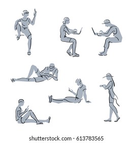People using gadgets. Simple sketch line silhouettes. People online social networking with laptops, smartphones, tablets