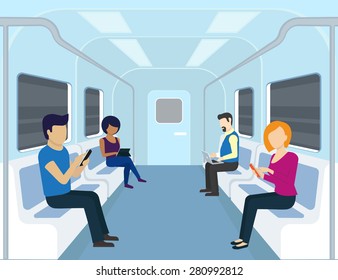 People are using gadgets in the subway. Flat modern illustration