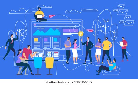 People Using Gadgets Walking Outdoors in Park on Blue Background with Outline Nature Elements and Huge Monitor. Internet Communication, Social Networking, Chatting. Cartoon Flat Vector Illustration