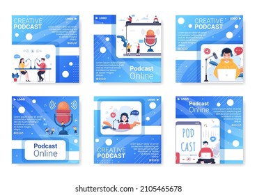 People Using Headset to Podcast Post Template Flat Design Illustration Editable of Square Background for Social Media or Greeting Card