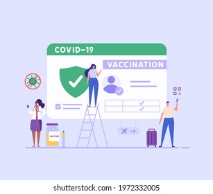 People using health passport of vaccination for covid-19. Safe travel in pandemic. Concept of vaccination certificate, coronavirus vaccine, covid-19 id card app. Vector illustration for web design