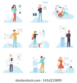 People Using Hi Tech Technologies Set, Smartphones, Gadgets with Biometric Scanning Identification, VR Goggles Headsets Vector Illustration