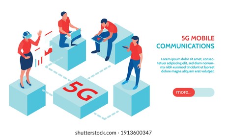 People using high speed mobile 5g internet for working playing chatting horizontal isometric banner 3d vector illustration