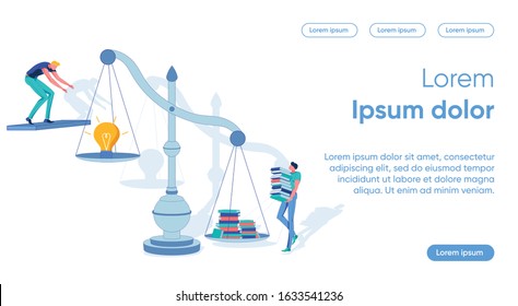 People Using Intelligence, Knowledge and Creative Thinking for Joint Business Project Developing. Businessman Cartoon Characters Bringing Books and Electric Bulbs on Scales. Flat Vector Illustration.