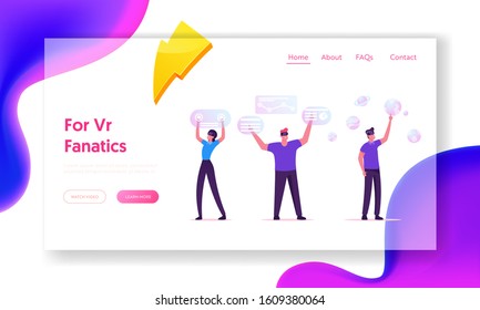People Using Internet Technologies for Data Analysis of Virtual Charts Website Landing Page. Men Working with Augmented Reality Screens with Diagrams Web Page Banner. Cartoon Flat Vector Illustration