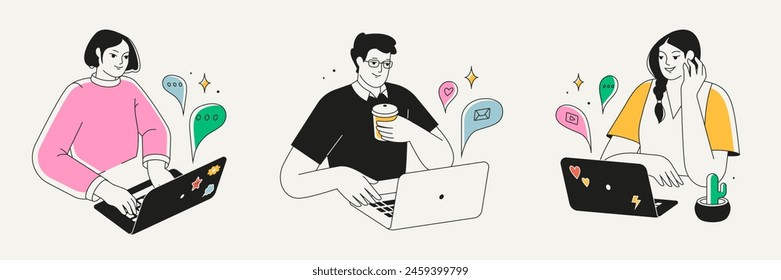 People using laptop. Characters working or studying online, freelancing. Remote work, online education or communication concept. Students using computer, Internet. Set of isolated flat illustrations