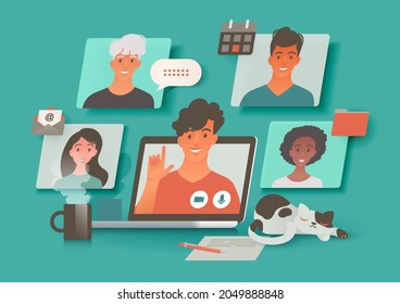 People using laptop computer getting together via teleconference. Virtual meeting, freelance work, e-learning, online communication and telecommuting concept vector illustration