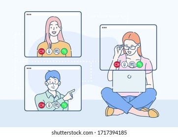 People are using laptop computer and video conference with partner. They're work from home because infection control coronavirus. Hand drawn in thin line style, vector illustrations.