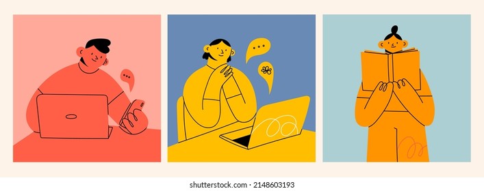 People using laptop, looking at smartphone, holding book. Working online, freelancing, education, knowledge concept. Cartoon style characters. Set of three hand drawn Vector illustrations