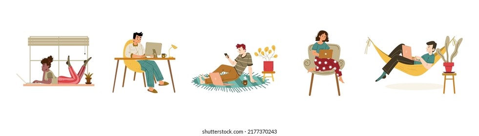 People using laptop, mobile phone and computer on sill, carpet, hammock and chair. Vector flat illustration with characters work with gadgets in home office