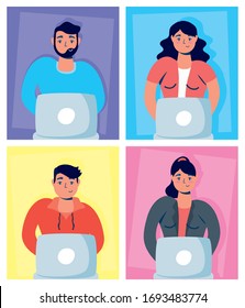 people using laptop stay at home campaign vector illustration