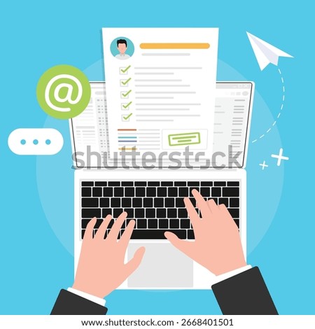 People using laptop with two hand, Resume CV create by notebook, Sending email document CV with computer laptop.