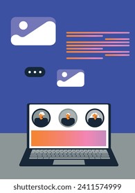 People using laptop. Working online, freelancing, education. Cartoon style characters. Avatar, icon, logo templates.
