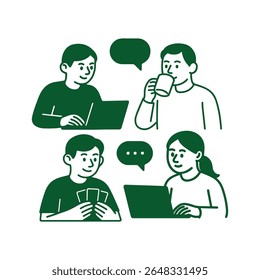 People using laptops, drinking coffee, and playing cards in a vector illustration