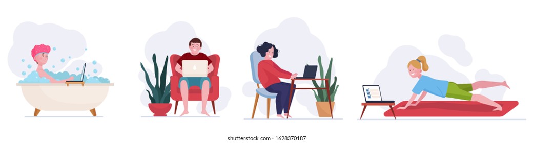 People using laptops at home set. Different action, freelancer, leisure flat vector illustration. Wireless internet, freelance, communication concept for banner, website design or landing web page