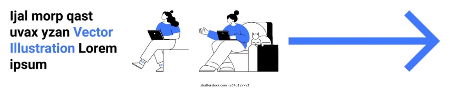 People using laptops, sitting and working in a cozy environment with coffee, cat, and modern furniture. Large blue arrow signifies progress. Ideal for teamwork, technology, productivity, remote work