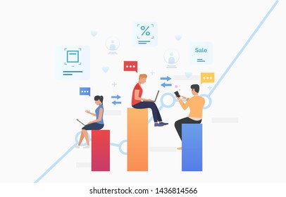 People using laptops, smartphone and sending messages. Network, information sharing, gadget concept. Vector illustration can be used for topics like business, technology, communication