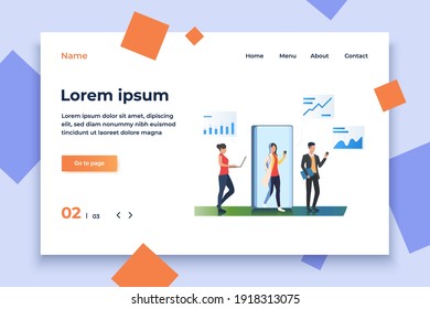 People using laptops and smartphones graphs vector illustration. Communication, internet, connection. Technology concept. Creative design for presentation, web pages, banners