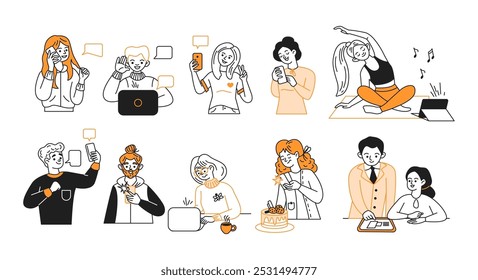 Personas que utilizan los smartphones de los ordenadores portátiles y los iconos del vector de la línea del color de las tabletas fijados. Adultos con dispositivos digitales para diferentes propósitos personajes colección