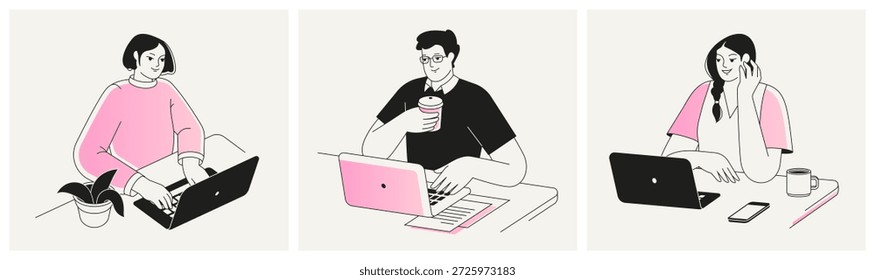 Pessoas usando laptops, trabalhando de casa. Estudantes estudando on-line, usando computadores em mesas. Trabalho remoto, educação on-line, e-learning, conceito freelance. Trabalho moderno. Conjunto de ilustrações vetoriais