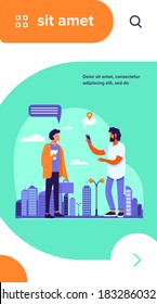 People using location app on phone. Asking way, speech bubble with map pointer flat vector illustration. Navigation, travel, communication concept for banner, website design or landing web page