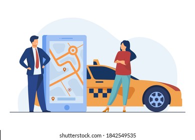 People using location app and ordering taxy. City map, booking ride, calling cab flat vector illustration. Online service, transport concept for banner, website design or landing web page