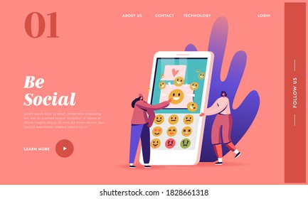 People Using Messaging App Landing Page Template. Female Characters Sending Text Messages by Mobile Phone. Tiny Women at Huge Smartphone Sending Sms and Emoji Smiles. Cartoon Vector Illustration