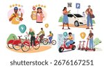 People using mobile app with car sharing opportunity and rental eco transport service cartoon scene set. Automobile, bicycle, electric kick scooter and moped order for customers vector illustration