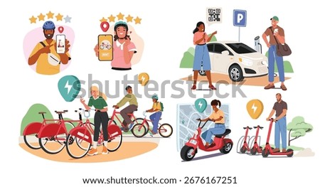 People using mobile app with car sharing opportunity and rental eco transport service cartoon scene set. Automobile, bicycle, electric kick scooter and moped order for customers vector illustration