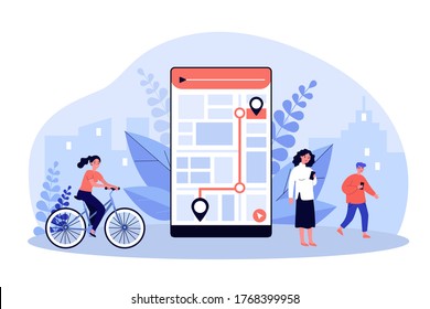 People using mobile app with city map for tracking. Men and women commuting with bike and phones. Vector illustration for city map, sport application, delivery service concept