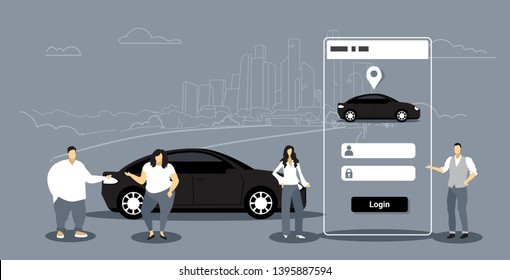 people using mobile app men women ordering automobile vehicle rent car sharing concept transportation carsharing service smartphone screen application interface cityscape background horizontal