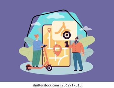 People using mobile application for electric scooters sharing. Tiny man and woman standing with rental scooter and city map on smartphone screen flat vector illustration. Rent, transport concept