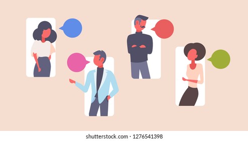 people using mobile application online chat bubble social network communication concept men women speech dialog flat horizontal cartoon characters portrait