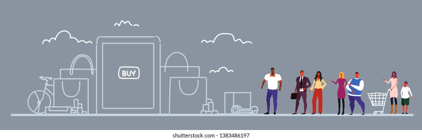 people using mobile application online market shopping e-commerce concept mix race customers standing together making purchases sketch doodle horizontal