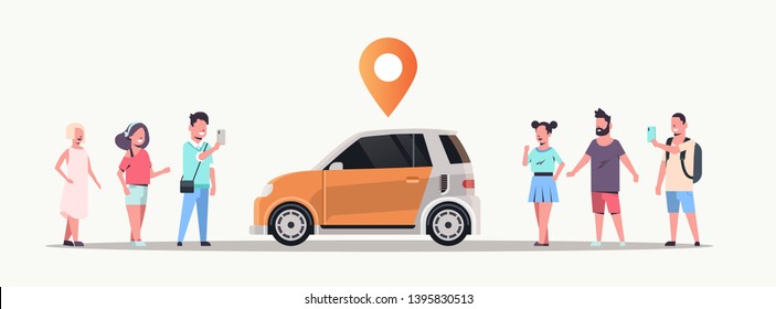 people using mobile application ordering auto with location pin online taxi car sharing carpooling concept transportation carsharing service flat horizontal