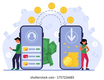 People using mobile bank for remittance of money. Man and woman with smartphones sending coins to each other. Vector illustration for cashless transactions, financial app, payment transfer concept