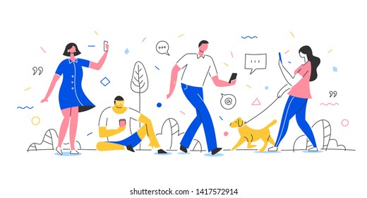 People using mobile devices to chat, send messages & communicate walking outdoors in park. Social network concept. Colorful flat and line mixed illustration for website, hero image, printed materials