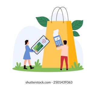 People using mobile devices for contactless payment and online shopping. Large shopping bag in the background symbolizing e-commerce vector illustration.