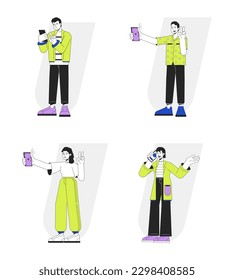 People using mobile devices flat line vector spot illustration set. Millennials taking selfie, call 2D cartoon outline characters on white for web UI design. Editable isolated colorful hero image pack