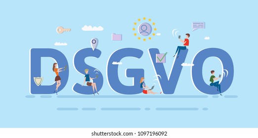 People using mobile gadgets and internet devices among big DSGVO letters. GDPR, RGPD. Concept vector illustration. Flat style. Horizontal.