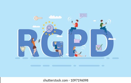 People using mobile gadgets and internet devices among big RGPD letters. GDPR, RGPD, DSGVO. Concept vector illustration. Flat style. Horizontal.